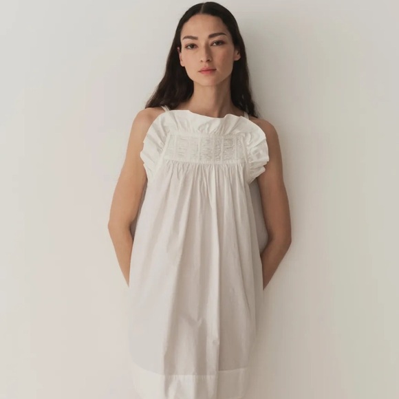 NWT Doen Lynette Cotton Poplin Ruffle Trim Baby Doll Mini Dress Salt - Picture 3 of 10